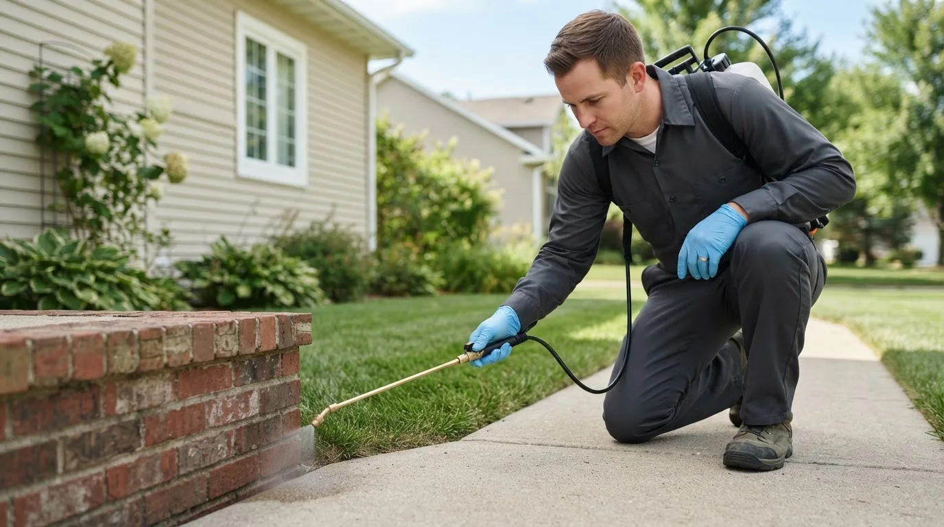 Pest control technician treating a home near Holland, TX